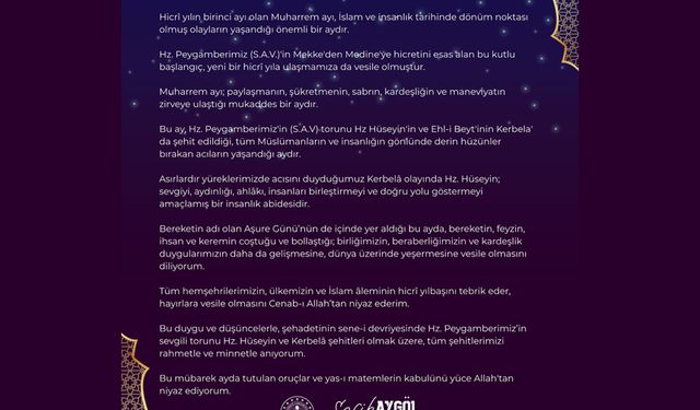 Tunceli Valisi Şefik Aygöl’den Muharrem Ayı Mesajı